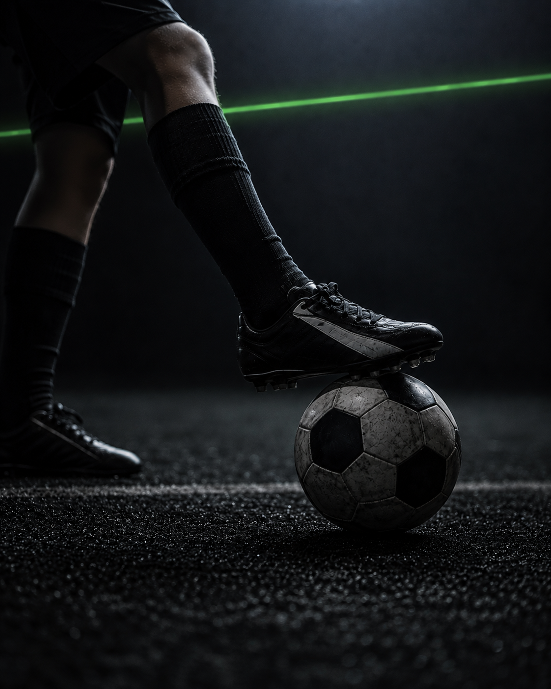 Young player's foot firmly planted on top of a soccer ball