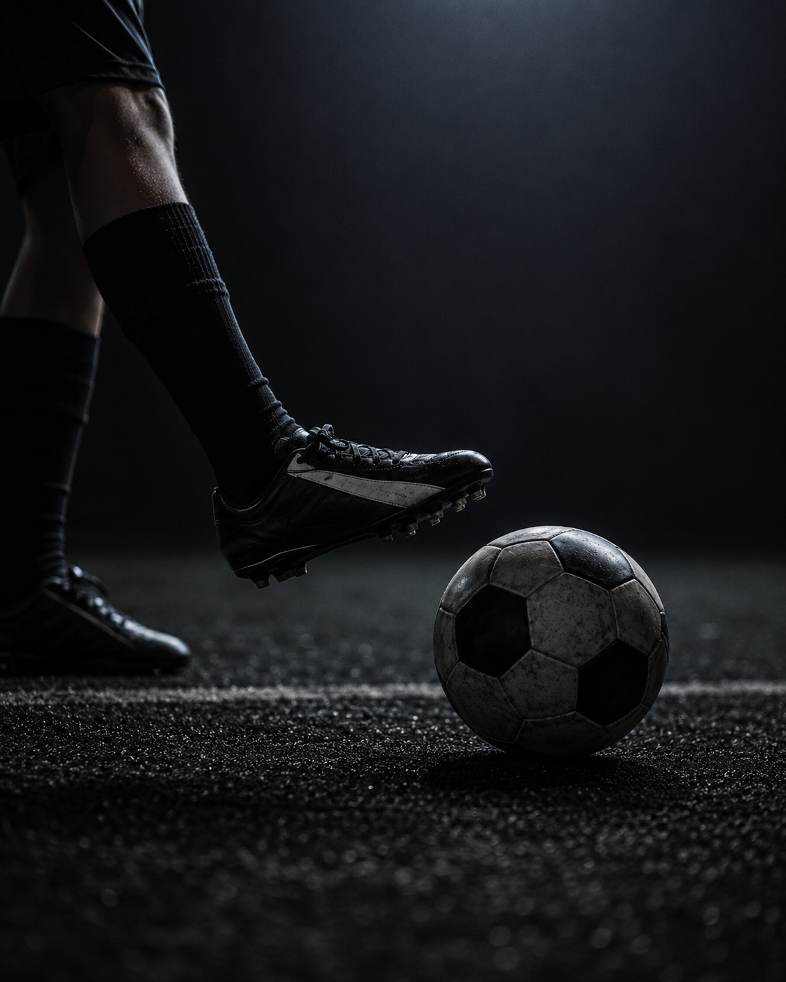 Young player's foot hovering tentatively above a soccer ball